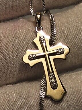 925 Sterling Silver Detailed Double Cross Pendant Necklace with Box Chain